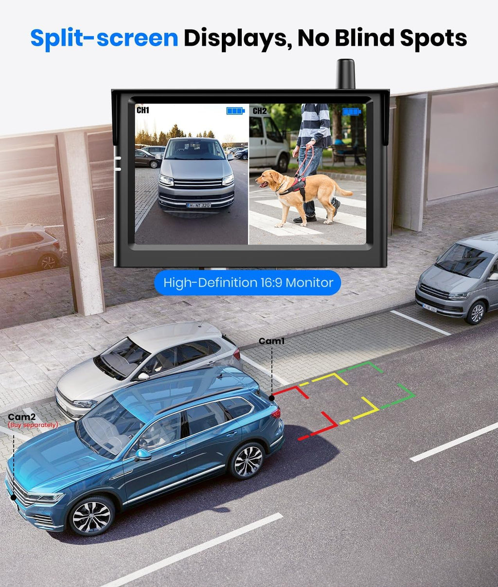 Solar Wireless Backup Camera:5" HD 1080P Monitor,3 Mins DIY Installation & 5000 Mah Battery Powered Solar Back up Camera Systems, IP69K Waterproof Reverse Camera for Car, Van, Truck, Trailer