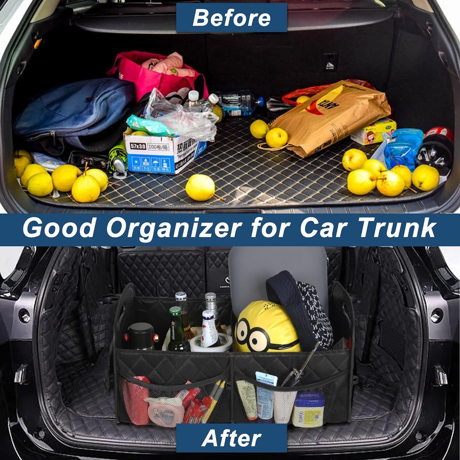 Car Trunk Organizer for SUV, Car Organizers and Storage with 6 Pocket, Car Accessories for Women/Men 50Lwaterproof Polyester Trunk Organizer, Black