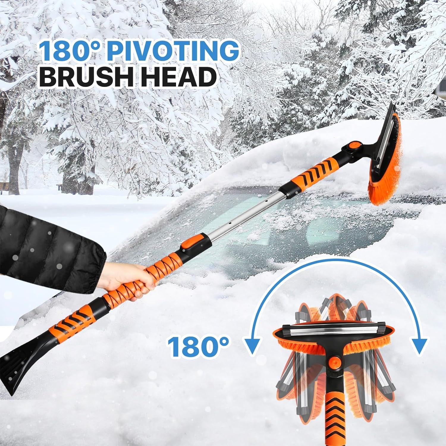 Extendable Ice Scraper and Brush with Squeegee for Car 4 in 1 Emergency Snow Shovel, Ergonomic Foam Grip and 180° Pivoting Brush Head Car Snow Kit for Cars, Trucks, Suvs, Vehicle