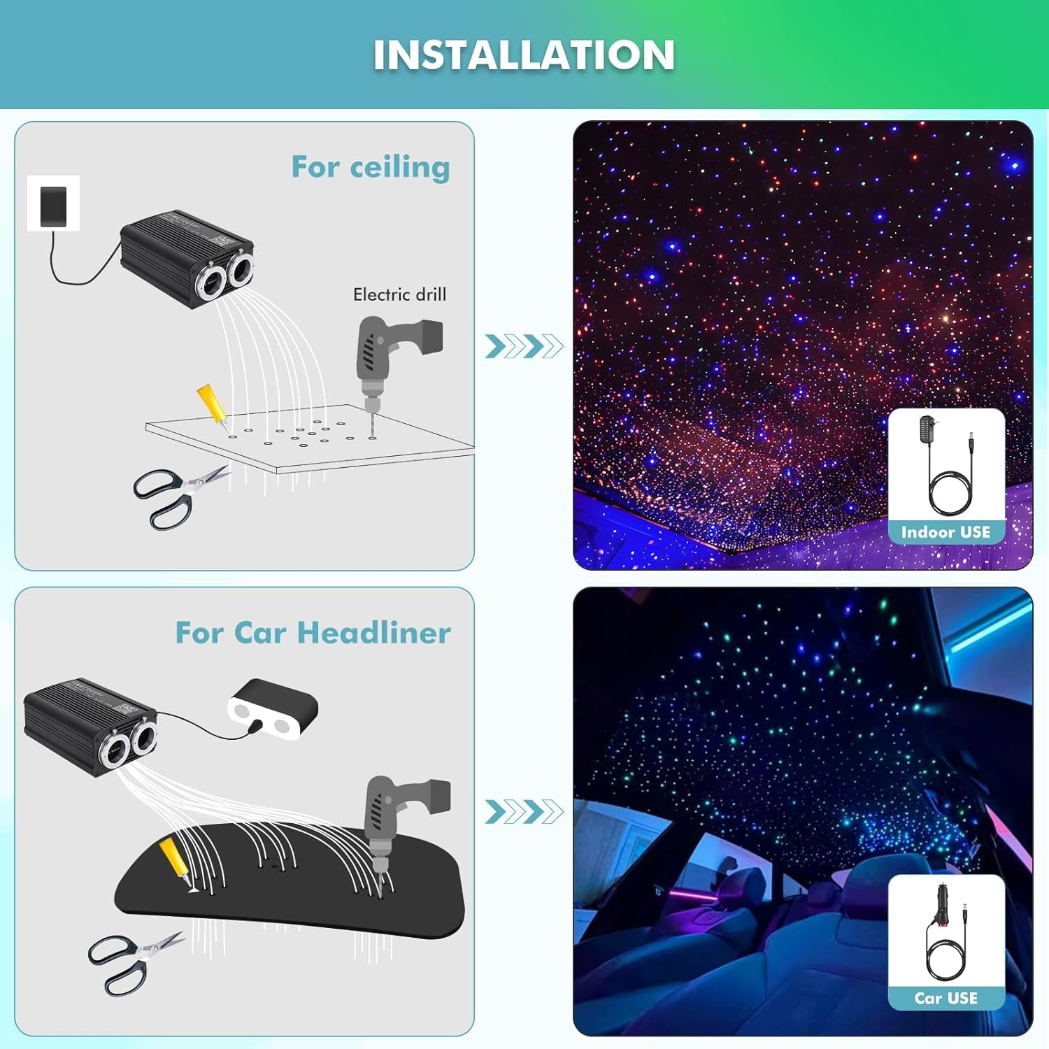 Twinkle Headliner Star Light Kit, 1000Pcs*0.03In*9.8Ft Ceiling Fiber Optic Lights App/Remote Control Star Effect Music Mode RGBW Sound Activated for Car Roof Home Ceiling