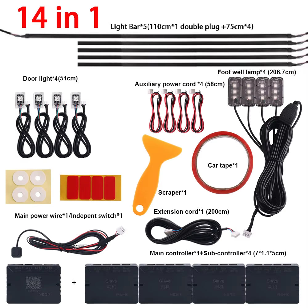 Dual Zone 18 in 1 Full Color Streamer Car Ambient Light RGB 64 Color LED Interior Acrylic Fiber Strip Decoration Atmosphere Lamp