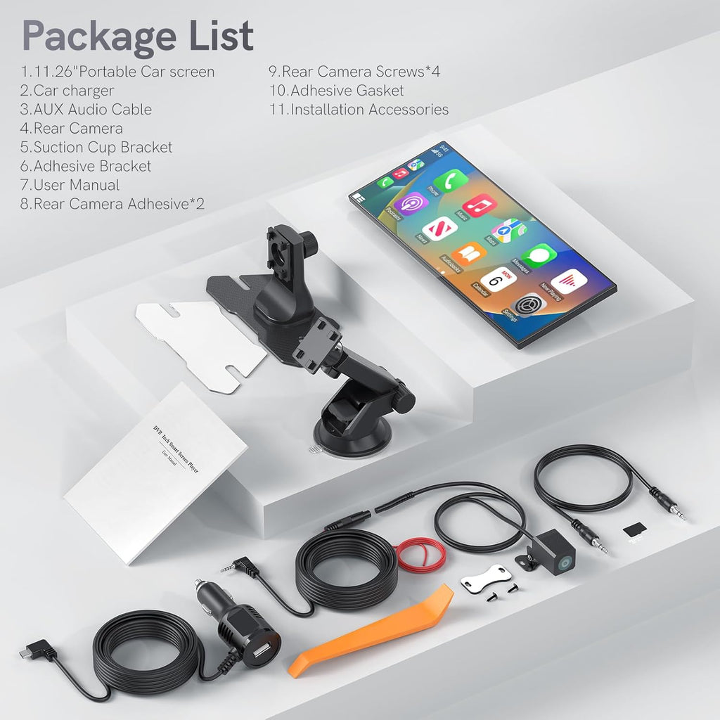 11.26” Portable Carplay Screen for Car,Car Stereo with Apple Carplay & Android Auto,Incell Touch Screen,4K Dash Cam,1080P Backup Camera,Mirror Link, Voice Control, Bluetooth 5.3,GPS,FM