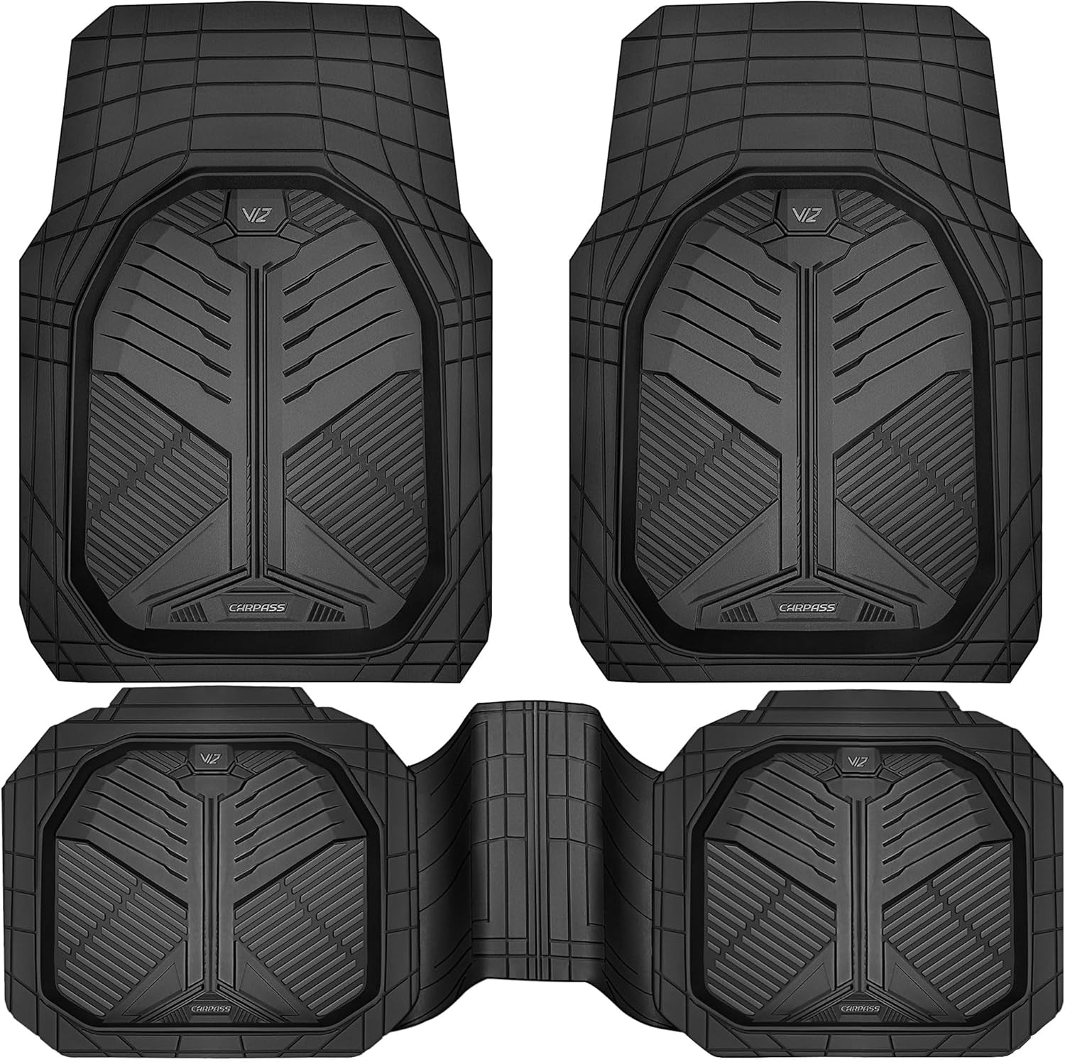 Heavy Duty Rubber Car Mats, Deep-Dish Odorless Car Floor Mats All Weather, Universal Trim-To-Fit for Suvs Trucks Sedans, Waterproof Anti-Slip, 3 Pieces V12 Black