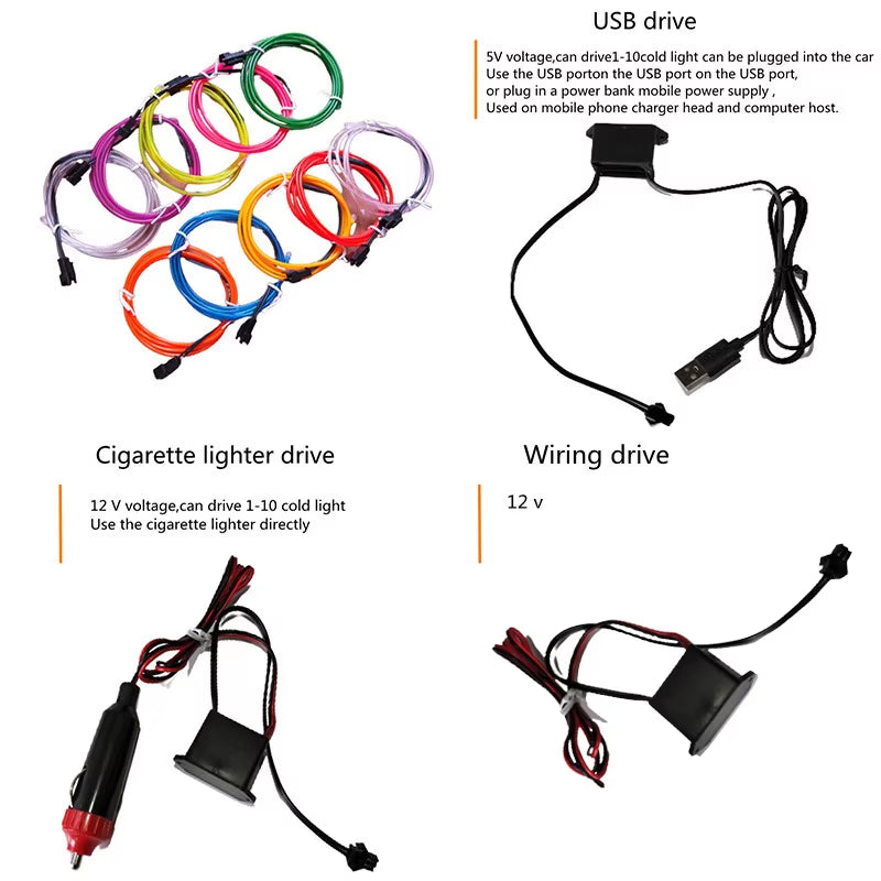 5M Car Interior Atmosphere Lighting LED Strip 5V DIY Flexible EL Cold Light Line Tube with USB Auto Decoration Ambient Lamp