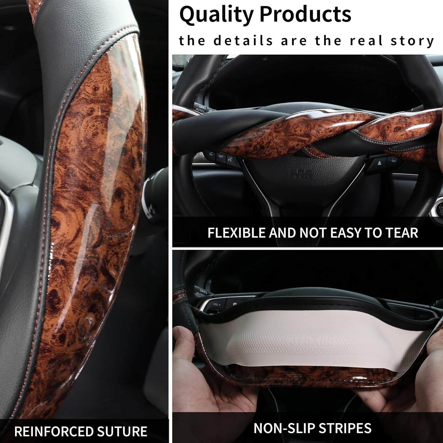 Car Steering Wheel Cover for Men and Women Microfiber Leather Universal Fit 14 1/2-15 Inch Elasticity Protector Accessories Non-Slip Breathable Soft and Comfortable(Wood Grain+Black)