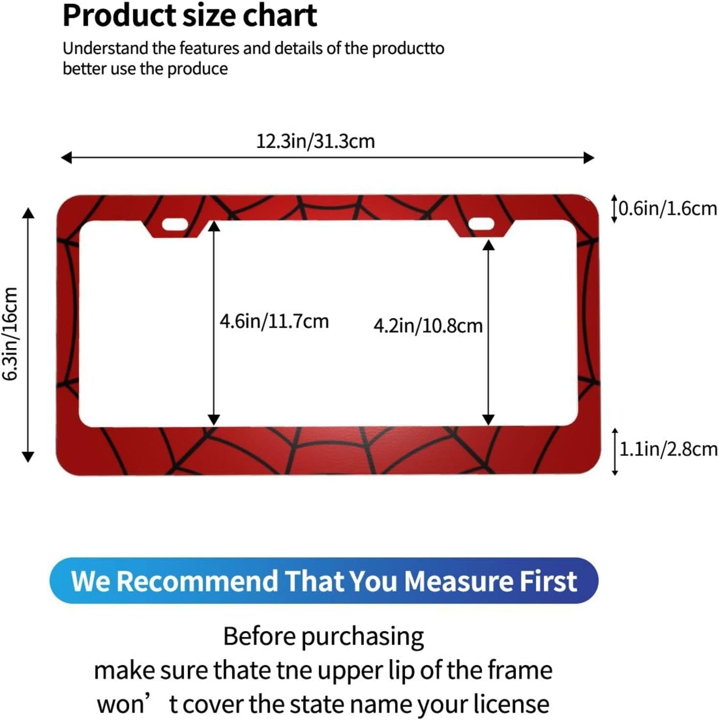 Red Spider Web License Plate Frames Cute Car Accessories for Us Canada Standard Women Men 2 Pack 2 Holes with Black Screw Caps