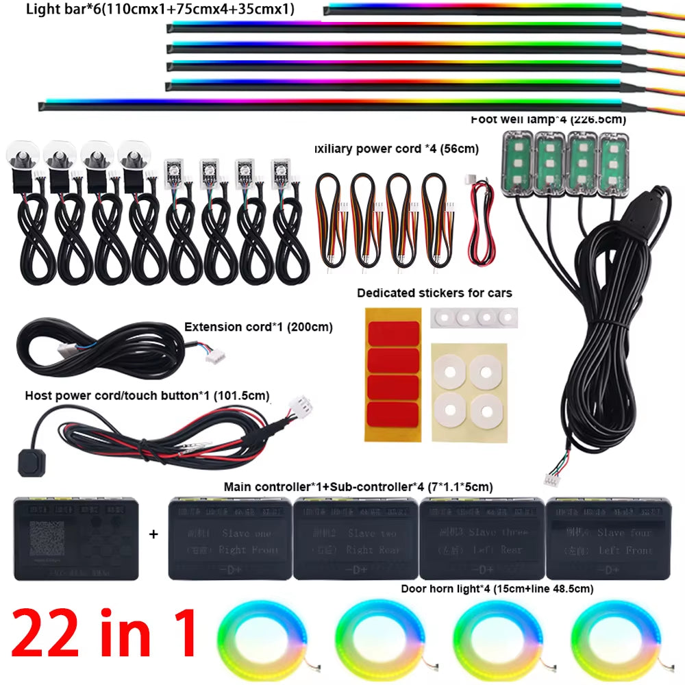 Dual Zone 18 in 1 Full Color Streamer Car Ambient Light RGB 64 Color LED Interior Acrylic Fiber Strip Decoration Atmosphere Lamp