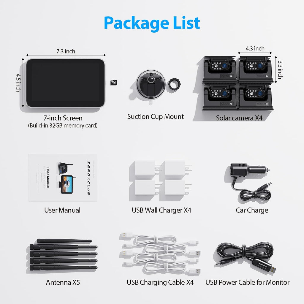 4 Magnetic Solar Wireless Backup Camera HD1080P 7" DVR Monitor, 3Mins No-Wire Installation, 9600Mah Solar Rechargeable Rearview RV Backup Cameras Wireless for Trailer RV Trucks, BL704