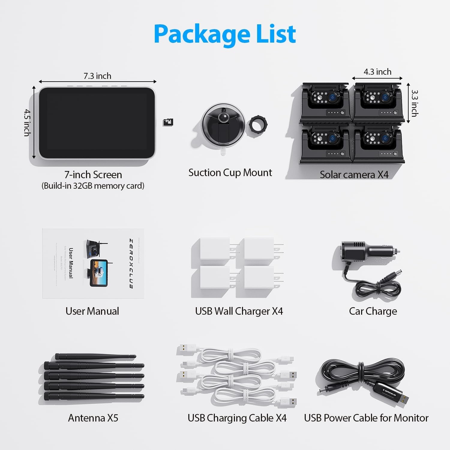 4 Magnetic Solar Wireless Backup Camera HD1080P 7" DVR Monitor, 3Mins No-Wire Installation, 9600Mah Solar Rechargeable Rearview RV Backup Cameras Wireless for Trailer RV Trucks, BL704