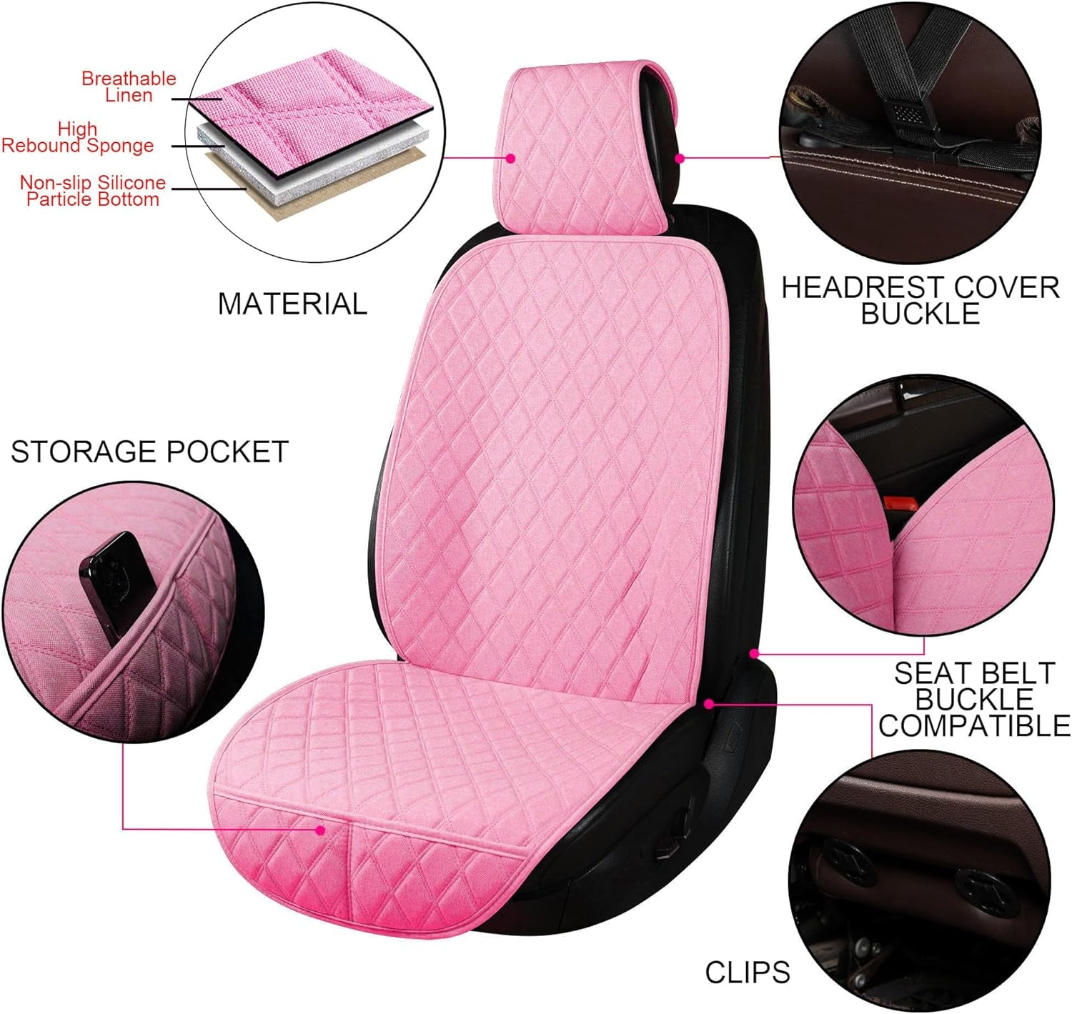 Linen Car Seat Covers Front Seat Covers Breathable Cloth Fabric Car Seat Protector Universal Fit Most Automotive, Van, SUV, Trucks (Pink, 2 Front Set)