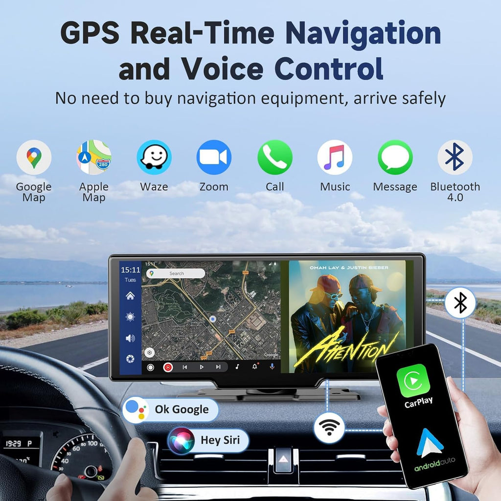 Upgrade Your Drive: 10.26" Wireless Carplay & Android Auto Touchscreen with 4K Dash Cam, Backup Camera, Bluetooth & GPS Navigation