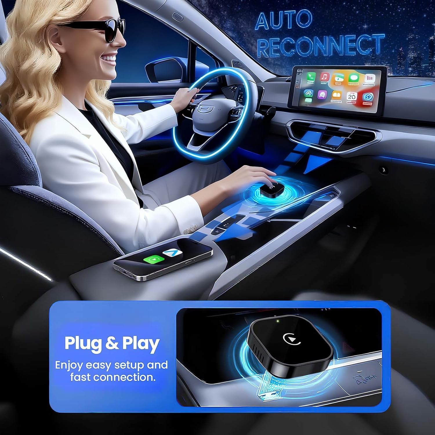 Wireless Carplay Adapter for Apple Iphone ＆Android Small Size, (New Update) Plug and Play, Fast and Stable Connection Wireless Adapter for Carplay＆Android
