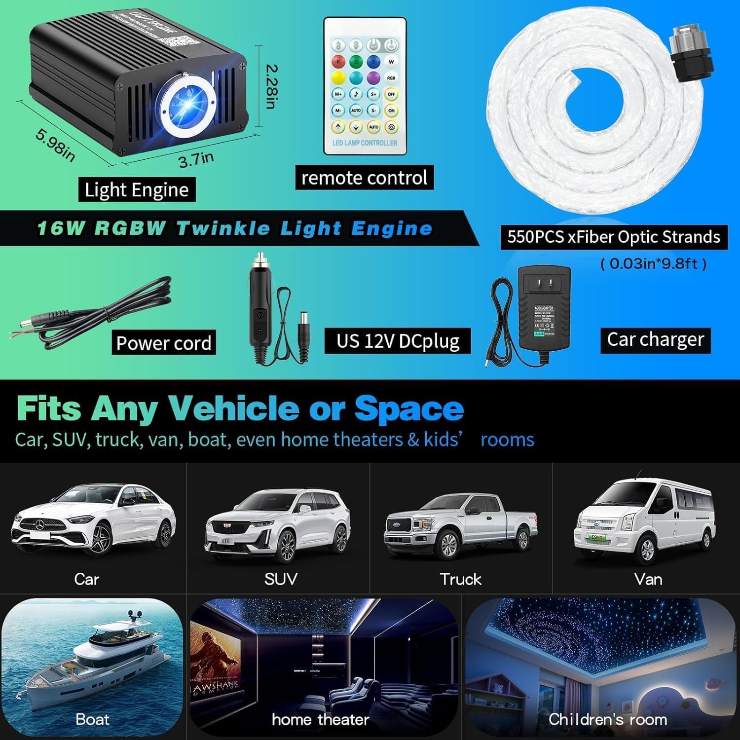 Starlight Headliner Kit 550 Piece Twinkle 0.03In*9.8Ft/0.75Mm*3M, 16W Starlight Headliner Music/Voice Activated Star Lights for Car,  RGBW Starlights for Theater Game Bed Room Ceiling