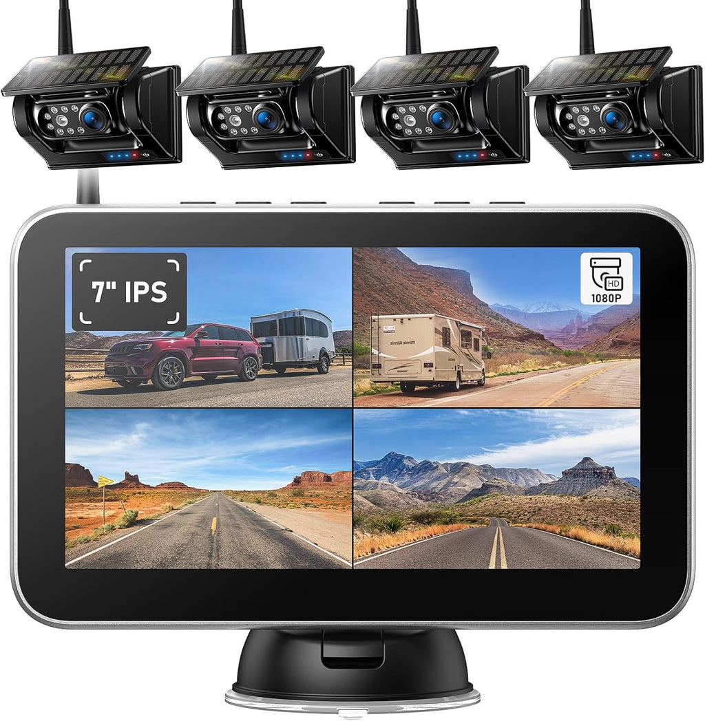 4 Magnetic Solar Wireless Backup Camera HD1080P 7" DVR Monitor, 3Mins No-Wire Installation, 9600Mah Solar Rechargeable Rearview RV Backup Cameras Wireless for Trailer RV Trucks, BL704