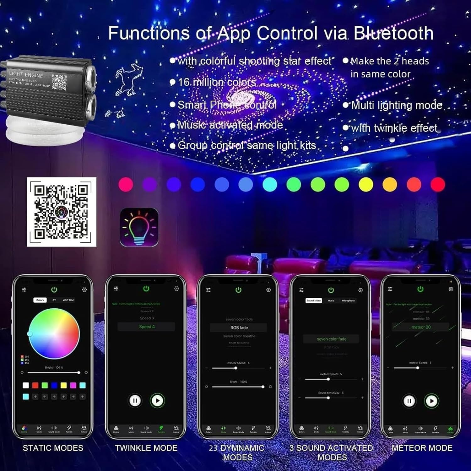 Luxury Starlight Headliner Kit 1000 Piece 32W Twinkle & Meteor Dual-Engine 200 Shooting Stars RGBW Fiber Optic Lights Music Sync Modes - Headliner Kit for Truck SUV Jeep Sunroofs, Curved Ceiling