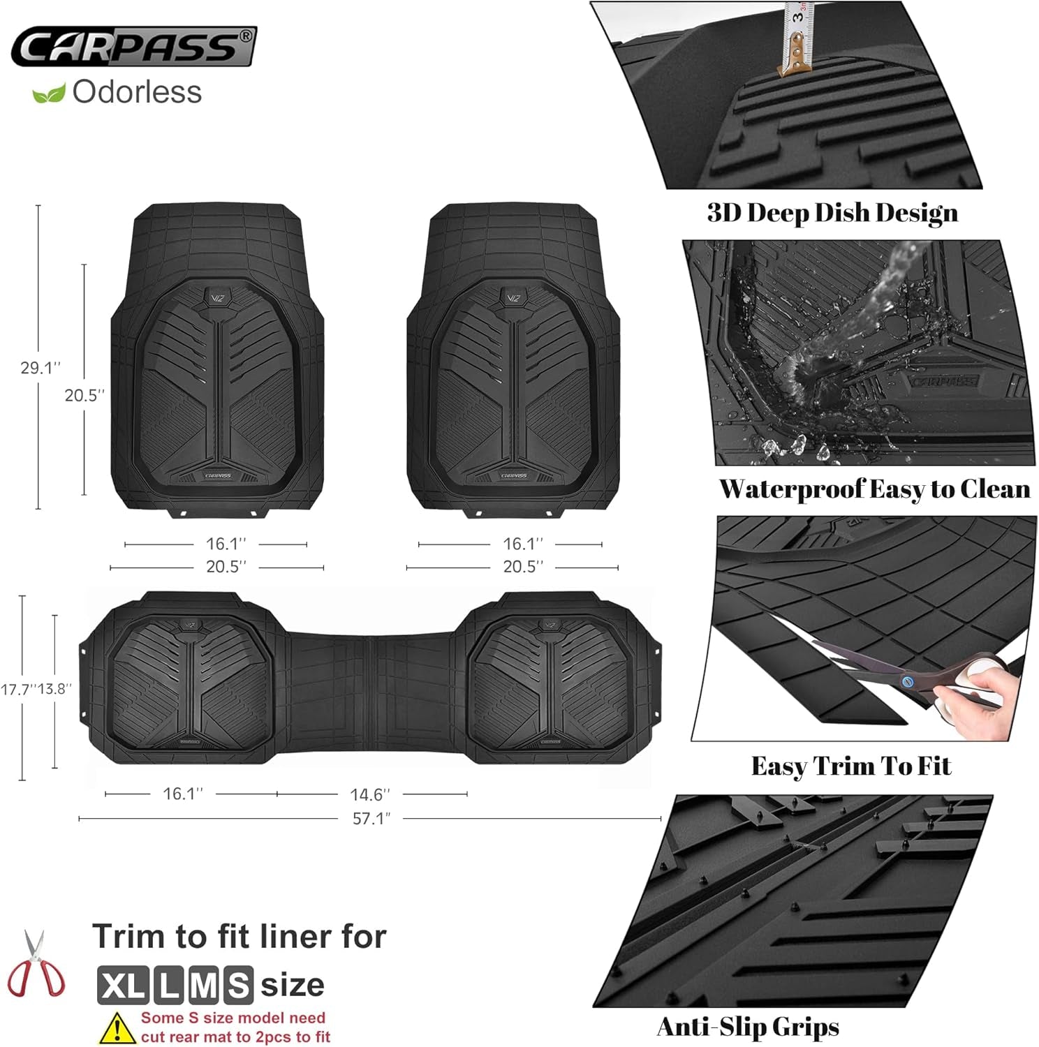 Heavy Duty Rubber Car Mats, Deep-Dish Odorless Car Floor Mats All Weather, Universal Trim-To-Fit for Suvs Trucks Sedans, Waterproof Anti-Slip, 3 Pieces V12 Black