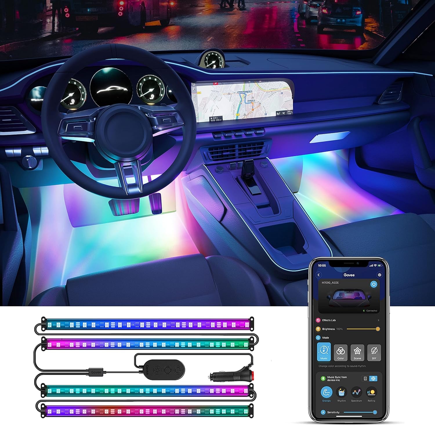 Car LED Strip Lights, Smart RGBIC Interior Car Lights with APP Control, 4 Music Modes and 16 Million Colors, 2 Lines Design LED Lights for Car Decor, DC 12V