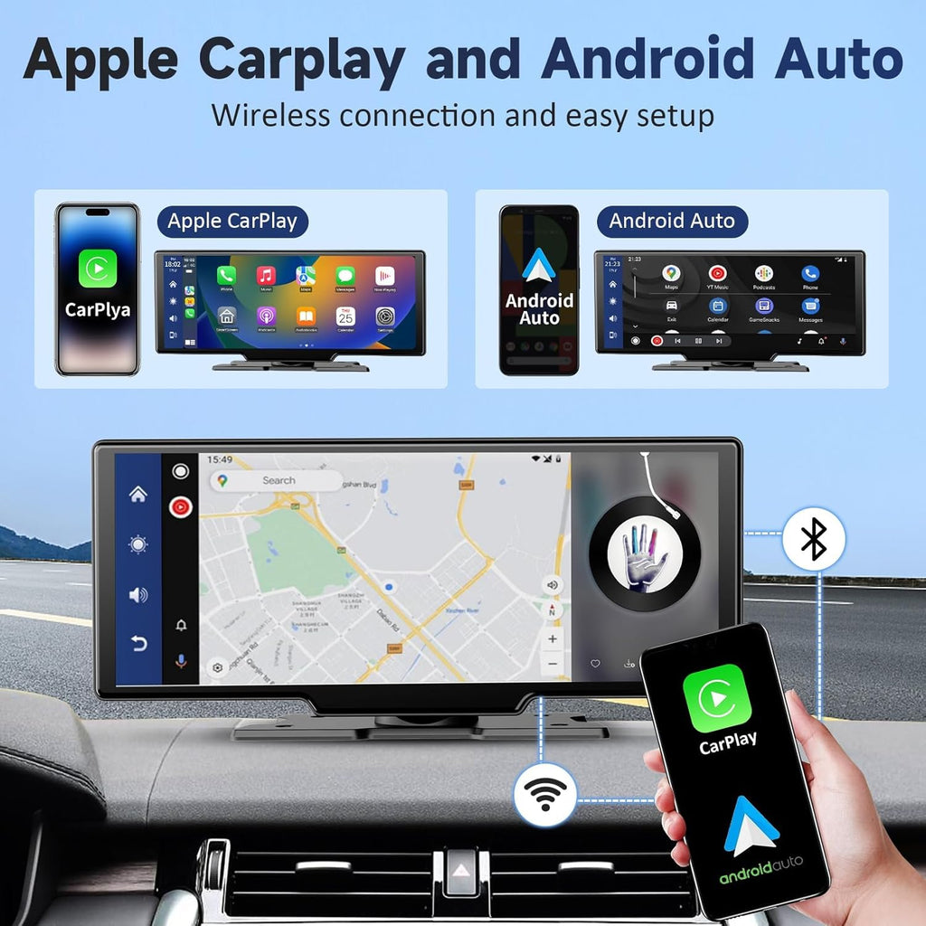 Upgrade Your Drive: 10.26" Wireless Carplay & Android Auto Touchscreen with 4K Dash Cam, Backup Camera, Bluetooth & GPS Navigation