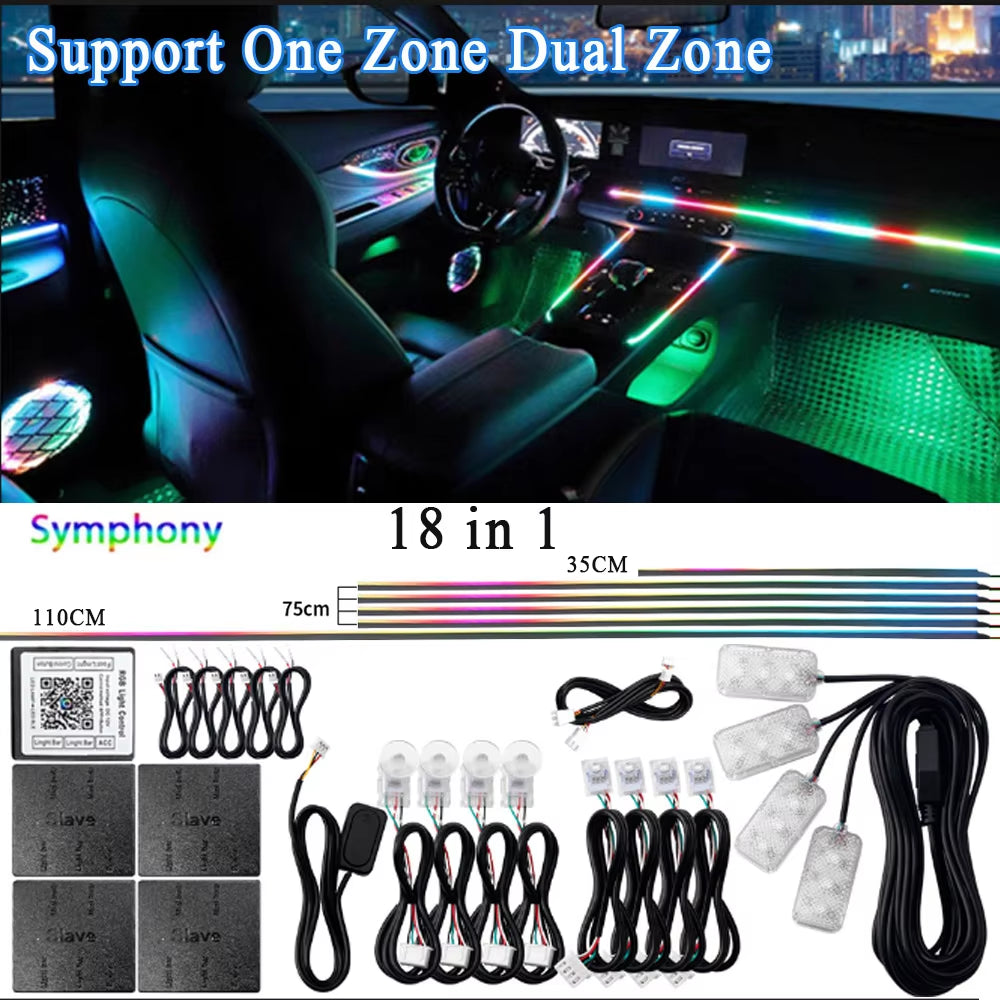 14/18 in 1 Led Acrylic Car Ambient Light RGB 64 213 Color Symphony Acrylic APP Streamer Atmosphere Lamp Kit One Zone Dual Zone