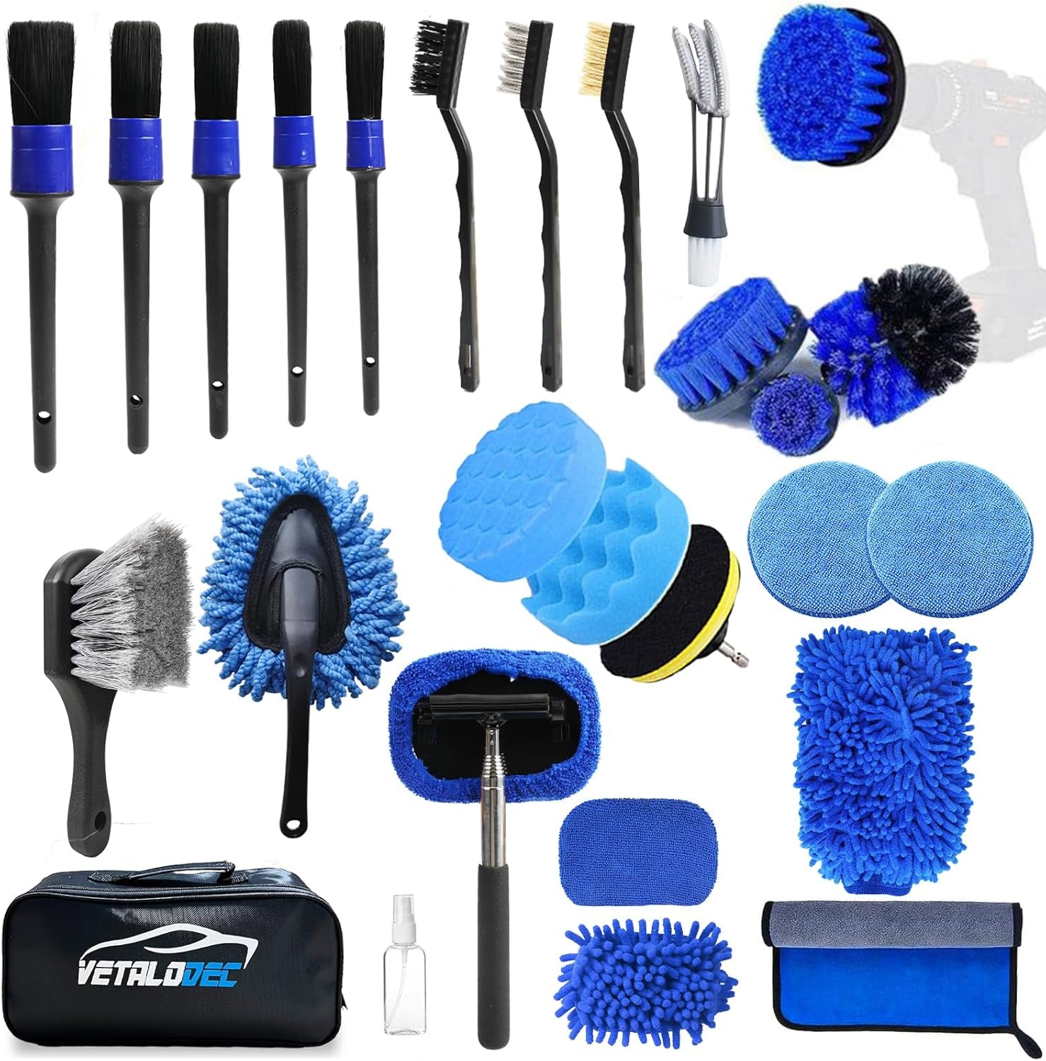 Brush Drill Attachment Set 27Pcs Car Detailing Kit Interior and Exterior Automotive Tyre Detail Brushes Car Wash Cleaning Tools Kit for Interior, Exterior, Wheels