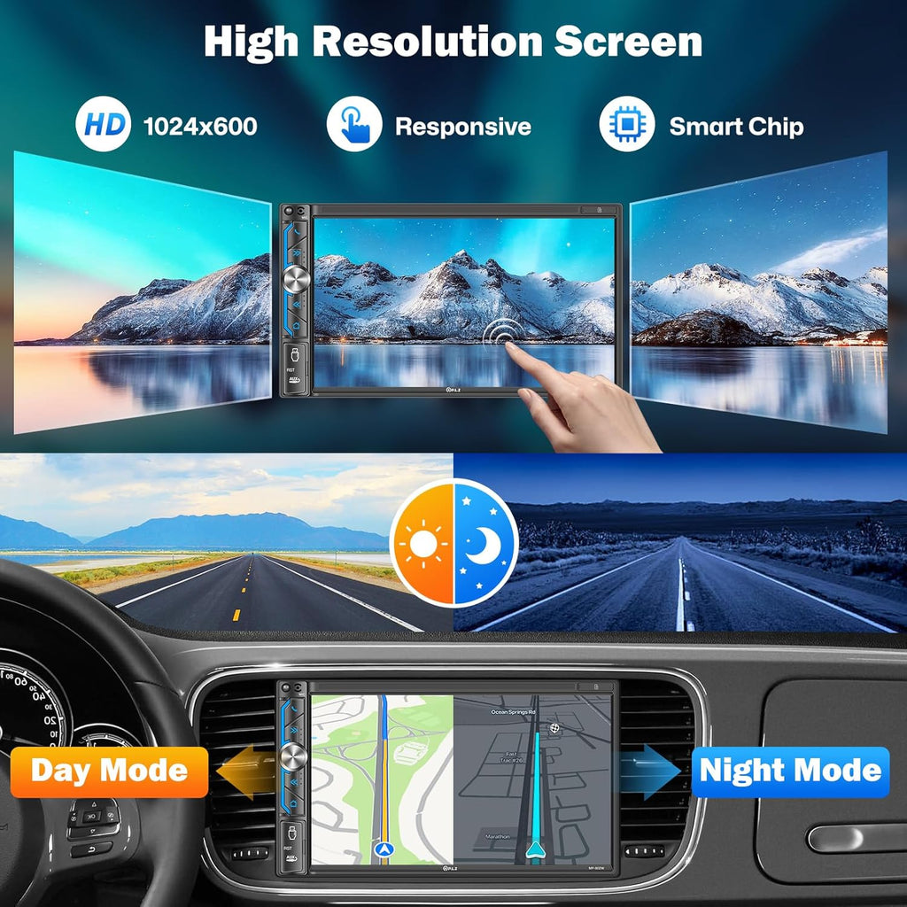 7" Wireless Double Din Car Stereo Apple Carplay Radio Screen for Car Audio Receivers, Bluetooth 5.3 Car Play Android Auto Touchscreen, 240W 4.2 CHN 2 Subwoofers Outputs, Backup Camera, SWC, FM/AM