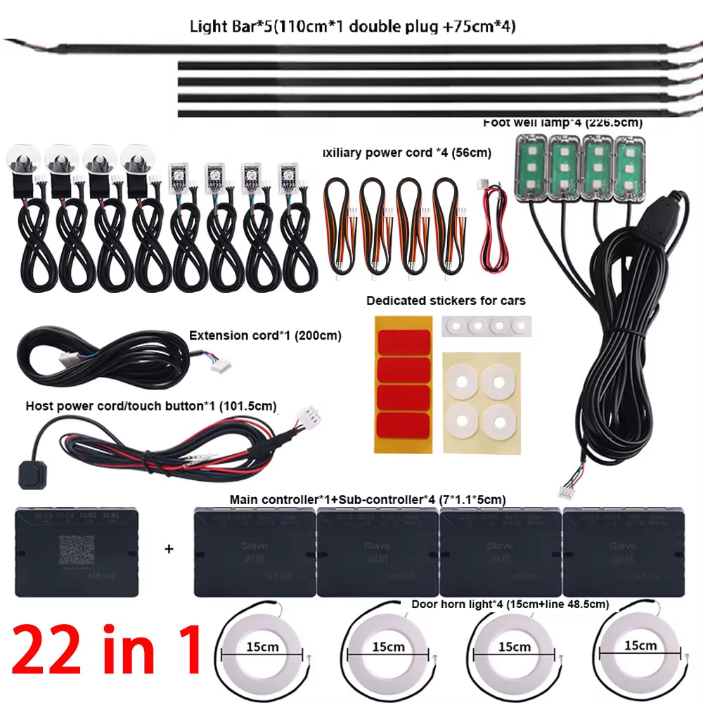 Dual Zone 18 in 1 Full Color Streamer Car Ambient Light RGB 64 Color LED Interior Acrylic Fiber Strip Decoration Atmosphere Lamp