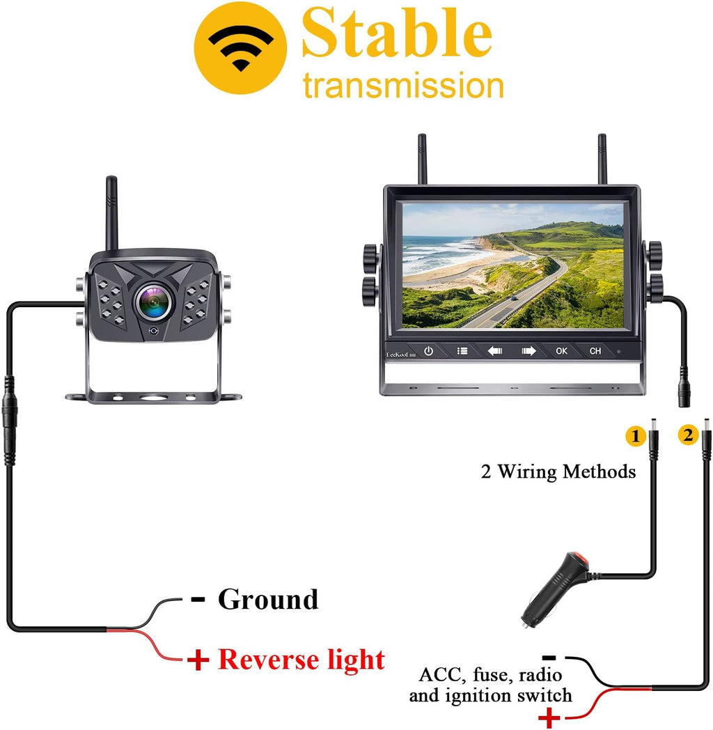 RV Backup Camera Wireless Waterproof 7'' LCD Split Screen DVR Dash Monitor Touch Key Rear View System 4 Channels Travel Trailers Adapter for Furrion Pre-Wired Rvs Night Vision LK7