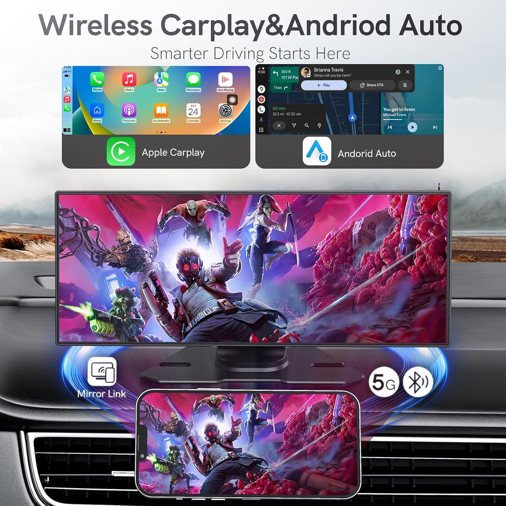 11.26” Portable Carplay Screen for Car,Car Stereo with Apple Carplay & Android Auto,Incell Touch Screen,4K Dash Cam,1080P Backup Camera,Mirror Link, Voice Control, Bluetooth 5.3,GPS,FM
