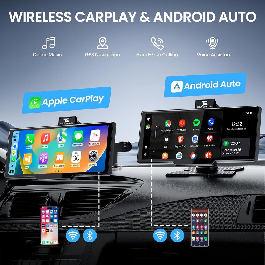 10.26'' Wireless Carplay & Android Auto Screen with 4K Dash Cam, 1080P Backup Camera, GPS Navigation, and Airplay - Ultimate Portable Car Audio Receiver