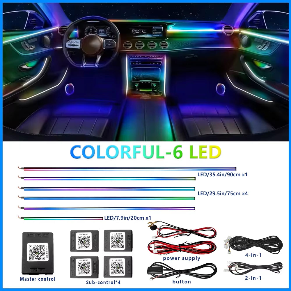 18 in 1 Dual Zone Symphony Streamer Car Ambient Light Interior LED Full Color RGB Neon Acrylic Strip Atmosphere Lighting Kit App