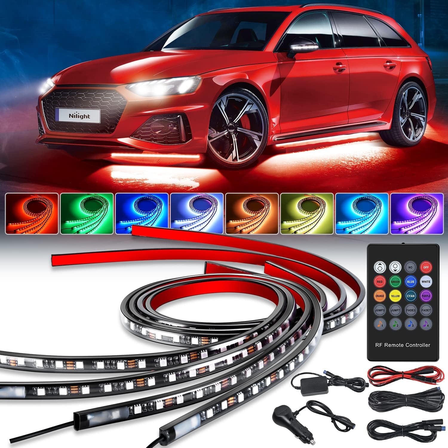 4Pcs Car Underglow Neon Accent Strip Lights 252 Leds RGB 8 Color Sound Active Function Music Mode with Wireless Remote Control Underbody Light Strips for Cars Van SUV Truck