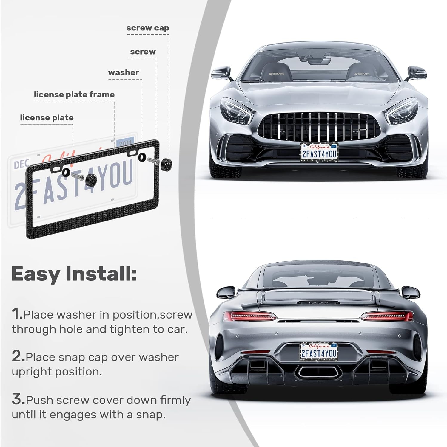 2 Pack Bling License Plate Frames, Sparkly Rhinestone Diamond Car License Plate Cover for Women, Stainless Steel Car Accessories with Glitter Crystal Caps (Black)