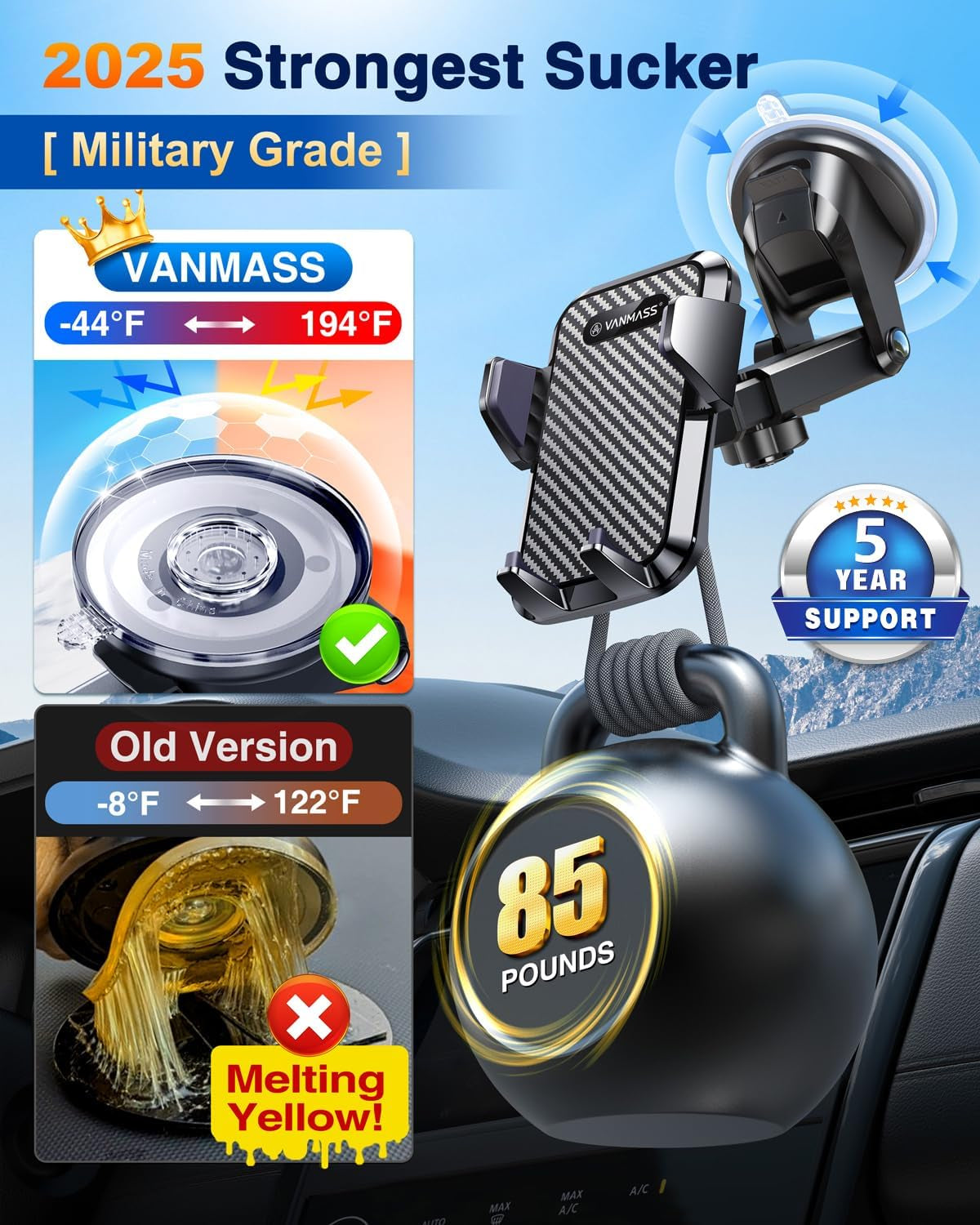 Ultimate Military-Grade Car Phone Mount - 85+LBS Strong Suction for Dashboard, Windshield & Vent - Compatible with iPhone 17 Pro Max, 16, 15 & Samsung - Patent & Safety Certified