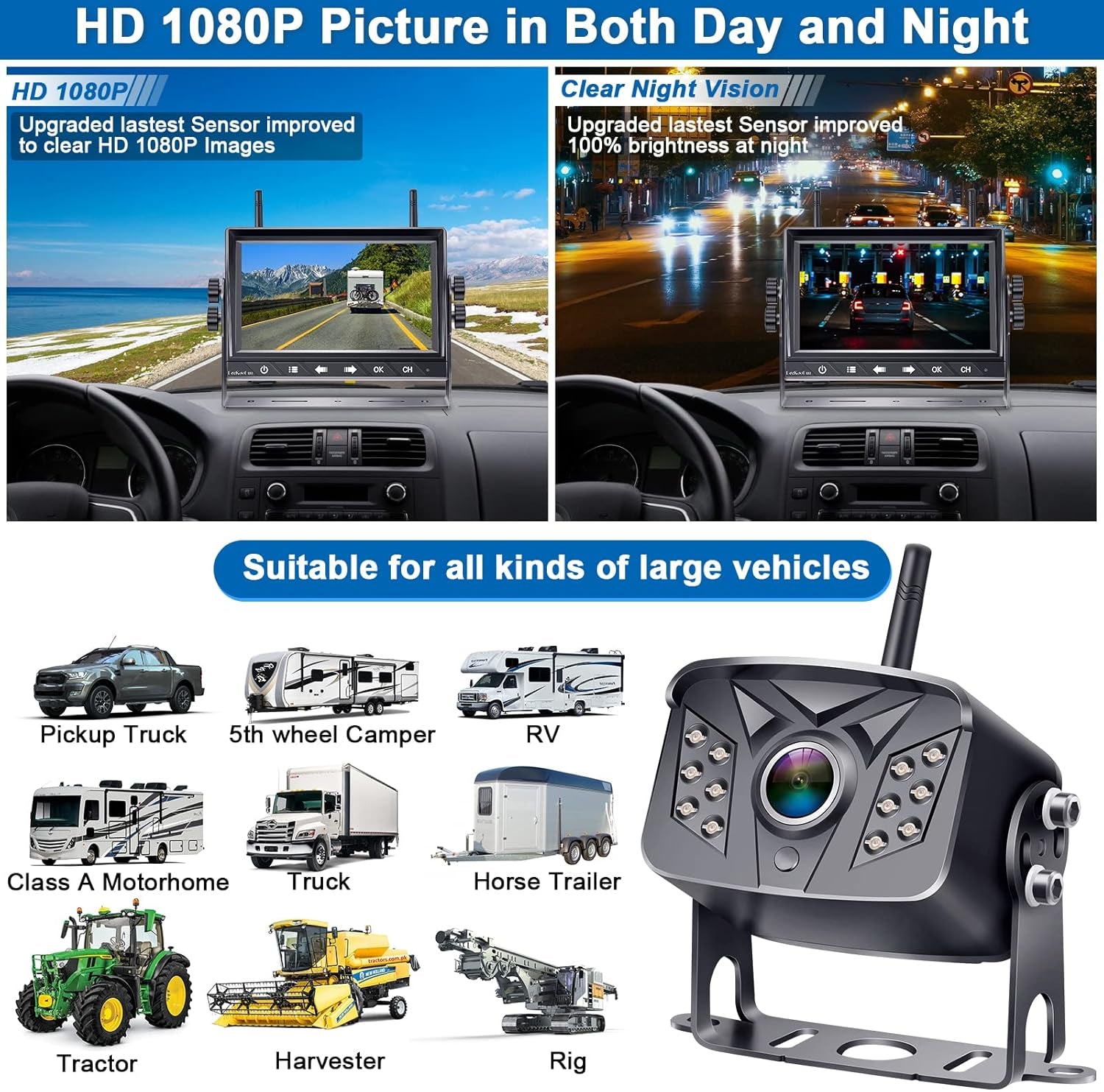 RV Backup Camera Wireless Waterproof 7'' LCD Split Screen DVR Dash Monitor Touch Key Rear View System 4 Channels Travel Trailers Adapter for Furrion Pre-Wired Rvs Night Vision LK7