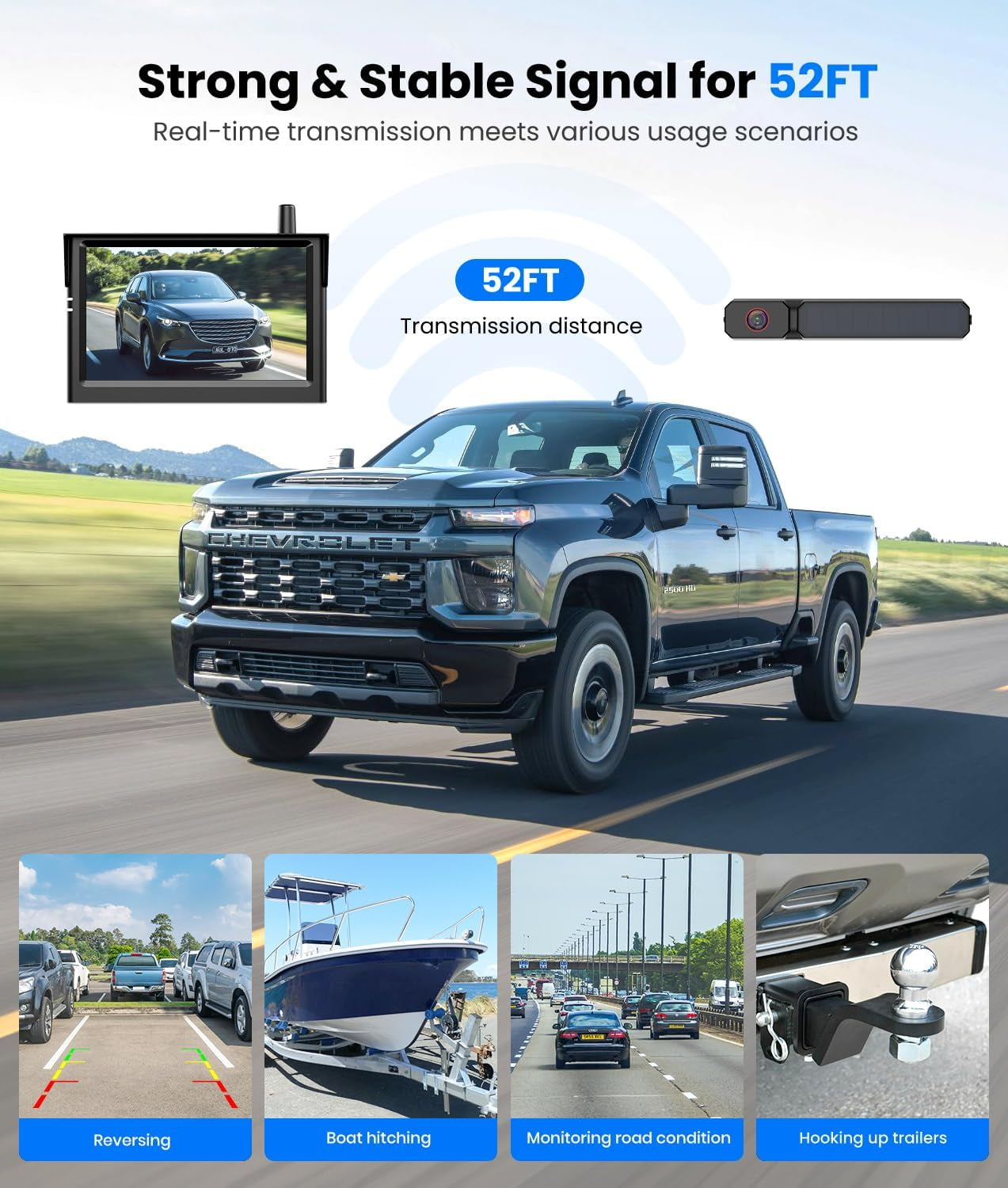 Solar Wireless Backup Camera:5" HD 1080P Monitor,3 Mins DIY Installation & 5000 Mah Battery Powered Solar Back up Camera Systems, IP69K Waterproof Reverse Camera for Car, Van, Truck, Trailer