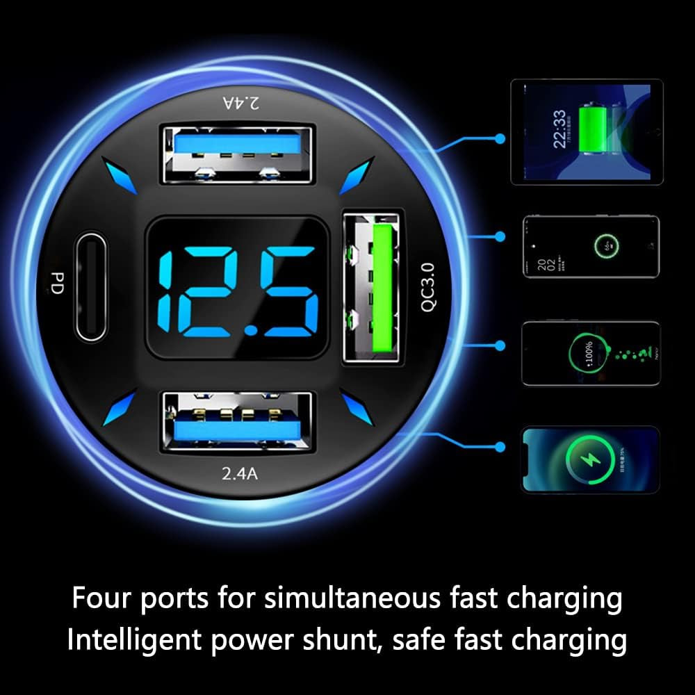 66W Super Fast Car Charger with USB PD & QC 3.0 - Universal Quick Charge for 12-24V Vehicles, Compatible with iPhone 14/13/12, Samsung S22/S21/S20, iPad - Voltmeter & LED Lights (Black)