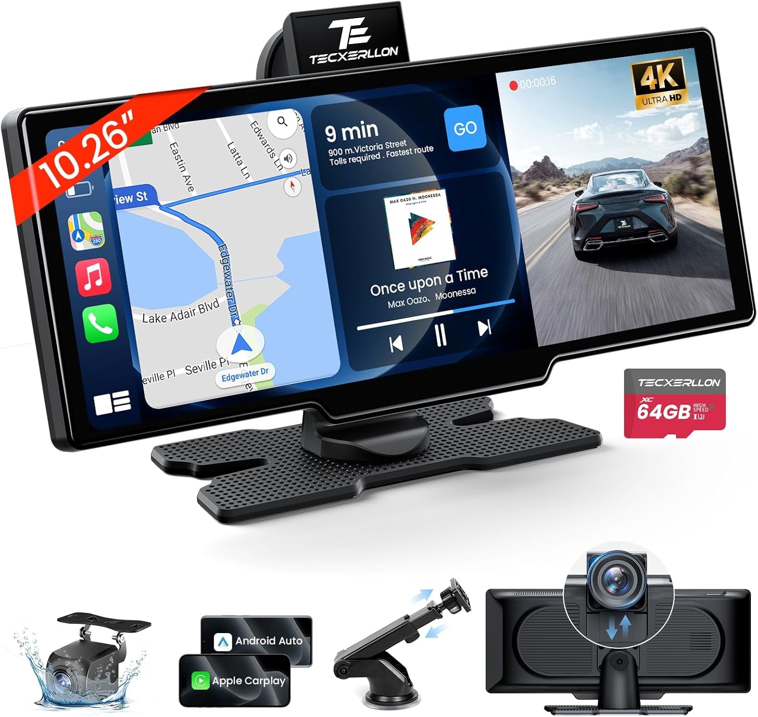 10.26'' Wireless Carplay & Android Auto Screen with 4K Dash Cam, 1080P Backup Camera, GPS Navigation, and Airplay - Ultimate Portable Car Audio Receiver
