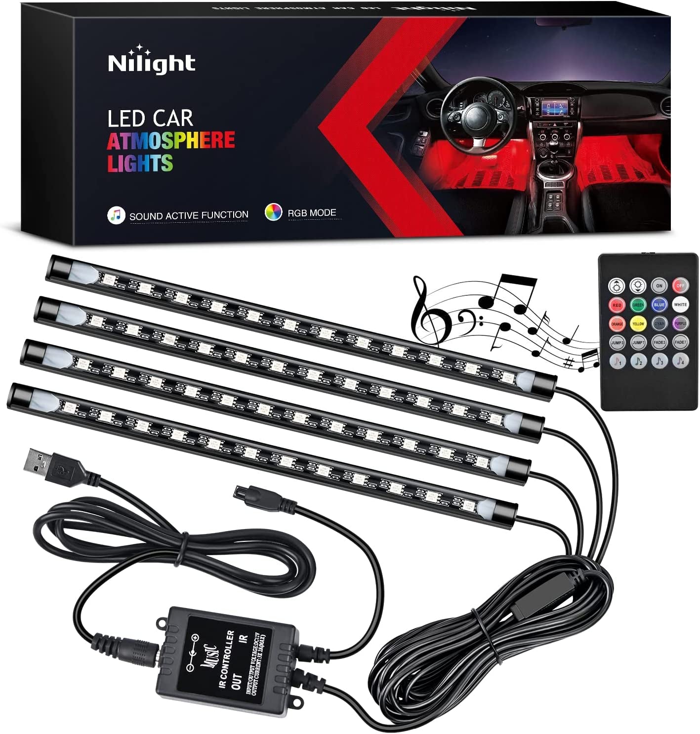 48 Leds DC 5V Multicolor Music Car Strip Light under Dash Lighting Kit with Sound Active Function and Wireless Remote Control, 2 Years Warranty, 4PCS USB Interior Lights