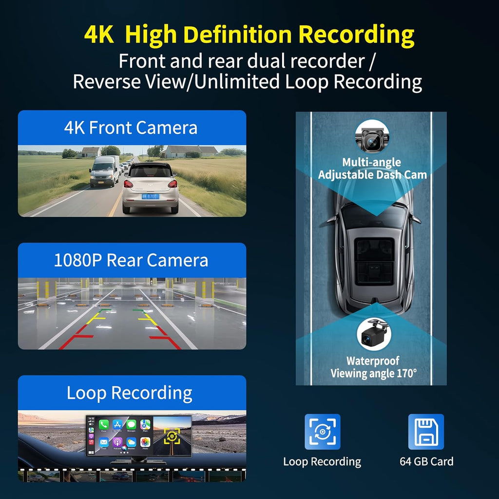 Ultimate 11.5 Inch Wireless CarPlay Screen - HD Touchscreen with 4K Dash Cam, 1080P Backup Camera, Navigation, Bluetooth, Voice Control & More for All Vehicles