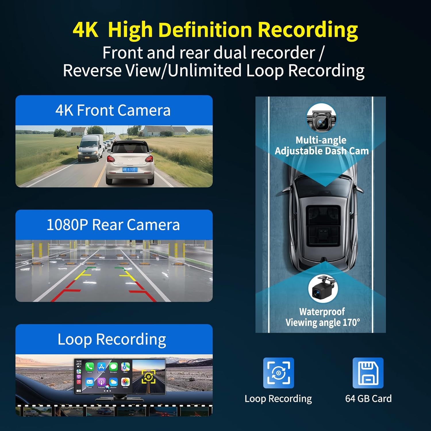 Ultimate 11.5 Inch Wireless CarPlay Screen - HD Touchscreen with 4K Dash Cam, 1080P Backup Camera, Navigation, Bluetooth, Voice Control & More for All Vehicles