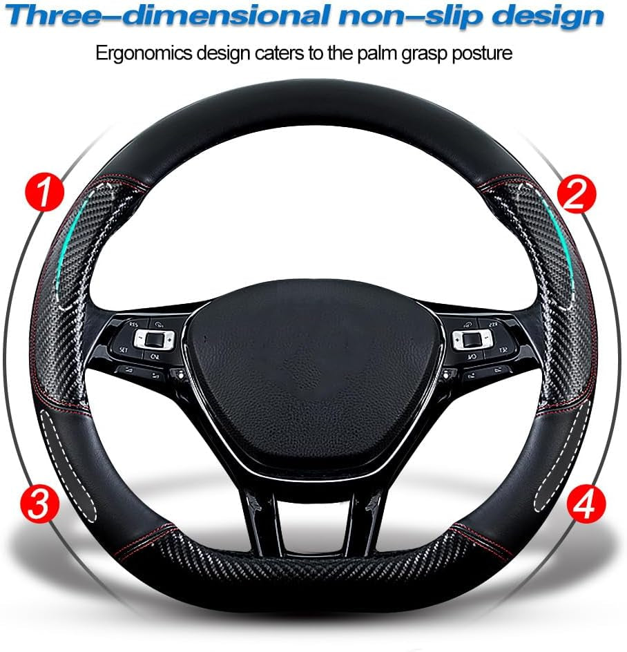 Car Carbon Fiber and Leather D-Shape Steering Wheel Cover, Stylish Car Non-Slip Leather Car Interior 15 Inches Universal Black and Red