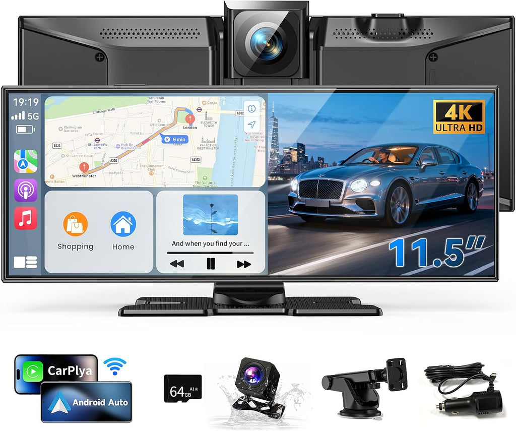 Upgrade Your Drive: 11.5" Wireless CarPlay Touchscreen Stereo with 4K Dash Cam, Bluetooth, Navigation & Voice Control for All Vehicles